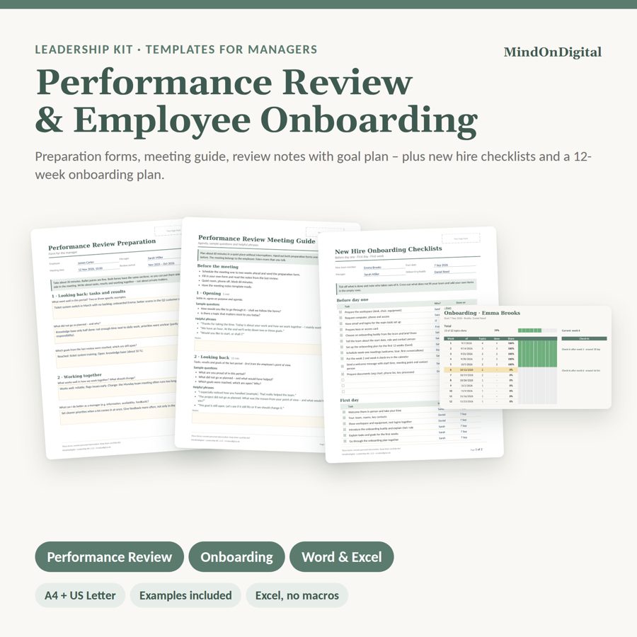 Leadership Kit templates: performance review forms, meeting guide, onboarding checklist and Excel onboarding plan