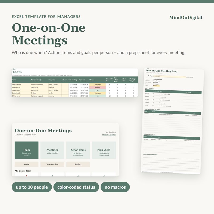 One-on-One Meetings Excel template: team status, prep sheet and action items