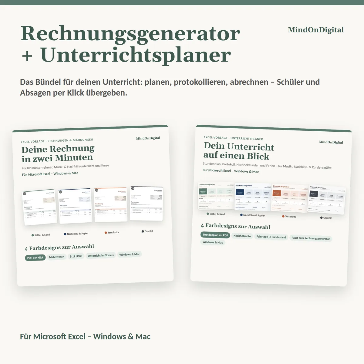 Excel-Vorlagen Rechnungsgenerator und Unterrichtsplaner