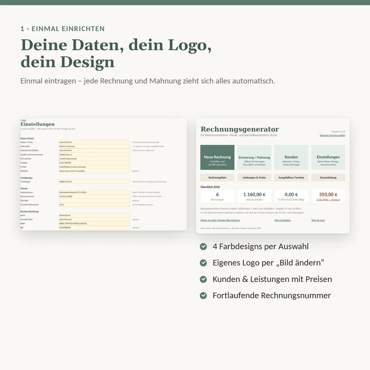 Einrichten: Daten, Logo, Design