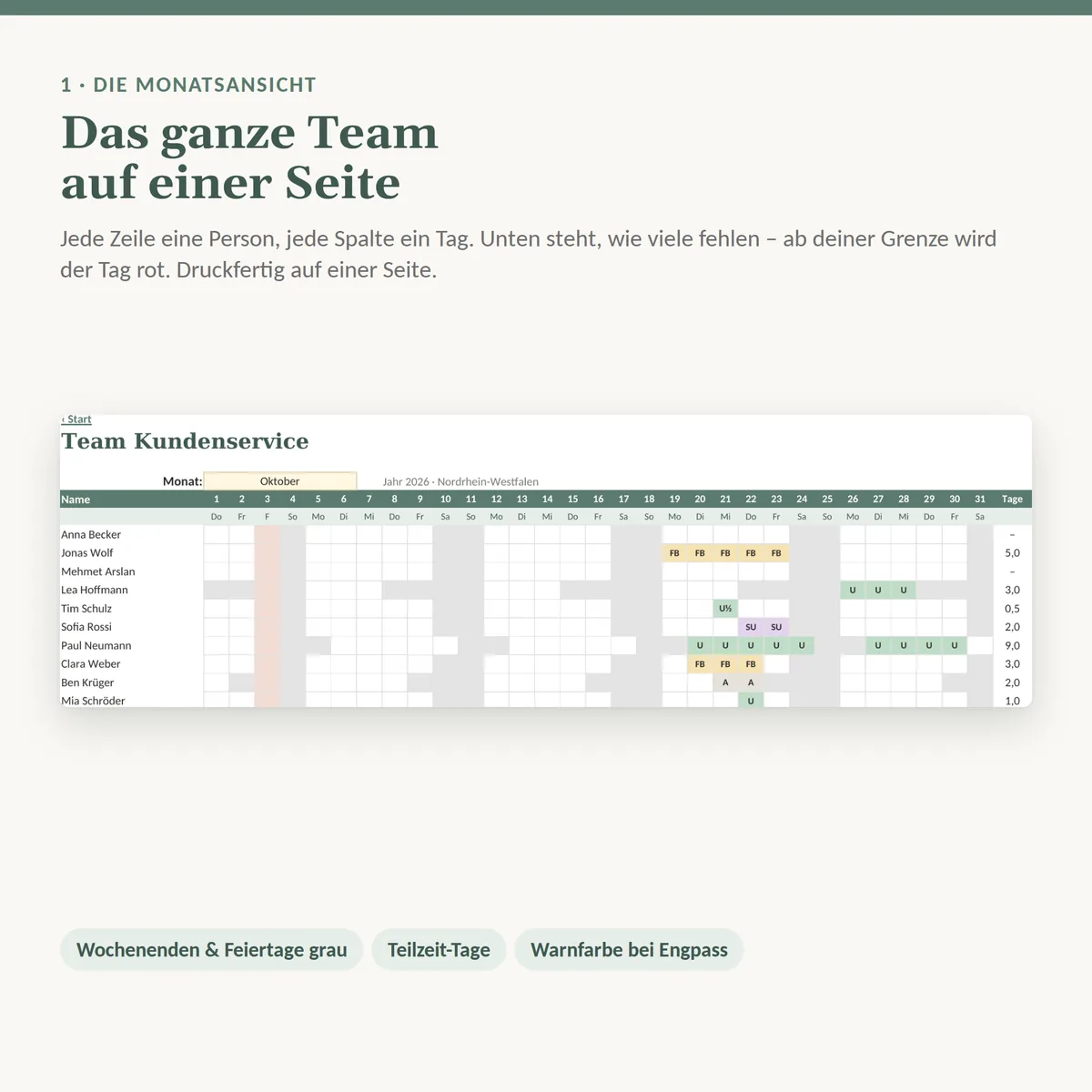 Monatsansicht des Teams