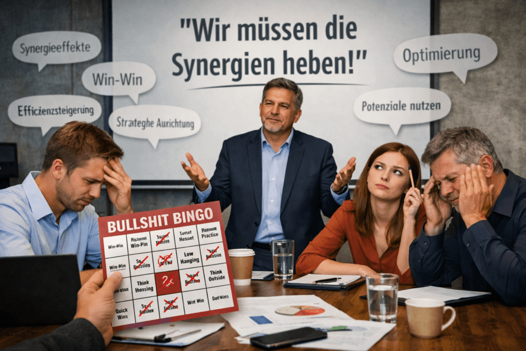 Meeting mit Bullshitbingo‑Karte – Satz ‚Wir müssen die Synergien heben‘ auf Präsentationsfolie