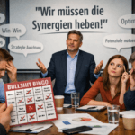 Meeting mit Bullshitbingo‑Karte – Satz ‚Wir müssen die Synergien heben‘ auf Präsentationsfolie