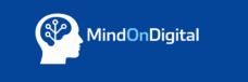 MindOnDigital Logo – Kopf‑Icon mit digitaler Netzwerkstruktur links, Wortmarke MindOnDigital rechts, modernes technisches Design in Blau und Weiß.