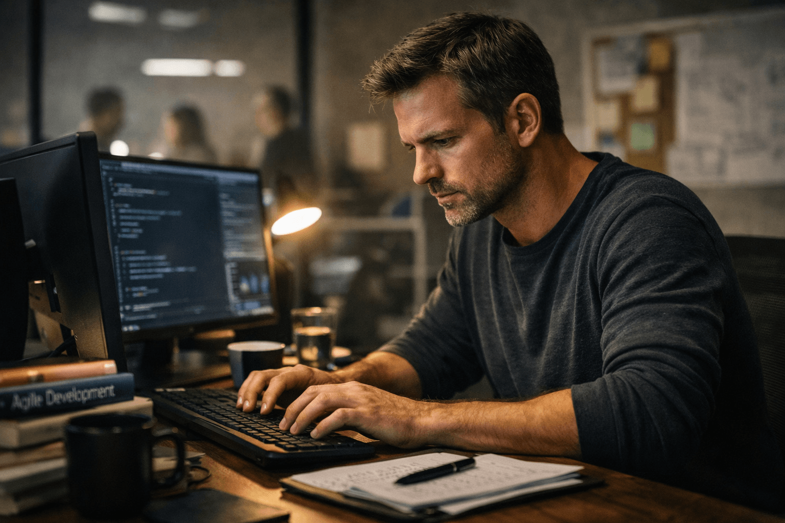 Fokussierter Mitarbeiter arbeitet konzentriert am Computer – Symbol für echte Macher ohne Show