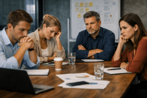 Team in angespanntem Meeting – typische Konfliktvermeidung in Unternehmen
