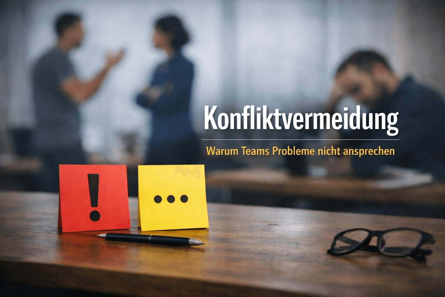 Konfliktvermeidung im Team – Symbolbild mit roten und gelben Notizzetteln, die für Konflikt und Schweigen stehen, im Hintergrund streitende Kollegen