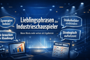 Satirische Darstellung typischer Bullshit‑Phrasen von Industrieschauspielern in einem Meeting