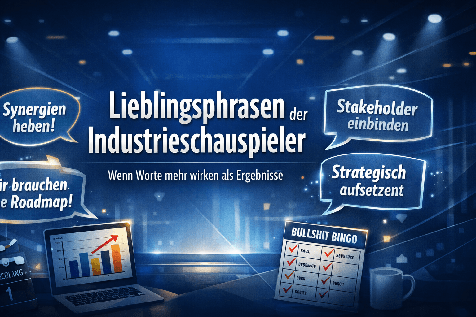 Satirische Darstellung typischer Bullshit‑Phrasen von Industrieschauspielern in einem Meeting