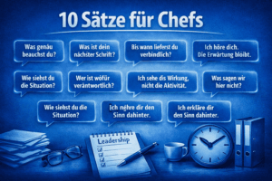 Titelbild in MindOnDigital‑Blau zum Artikel ‚10 Sätze für Chefs‘ – zeigt zehn klare Führungssätze in weißen Sprechblasen über einem blauen Hintergrund mit Notizbuch, Uhr und Brille.