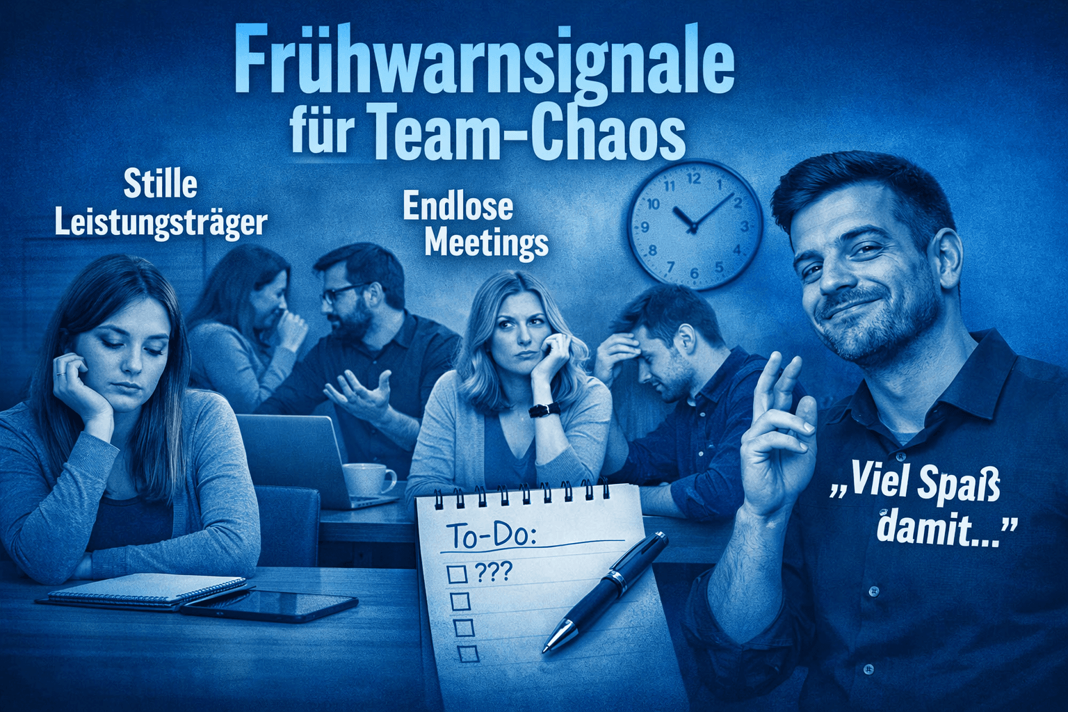 Titelbild in MindOnDigital‑Blau zum Artikel ‚Frühwarnsignale für Team‑Chaos‘ – Symbolbild für stille Leistungsträger, endlose Meetings und zynische Teamdynamik.