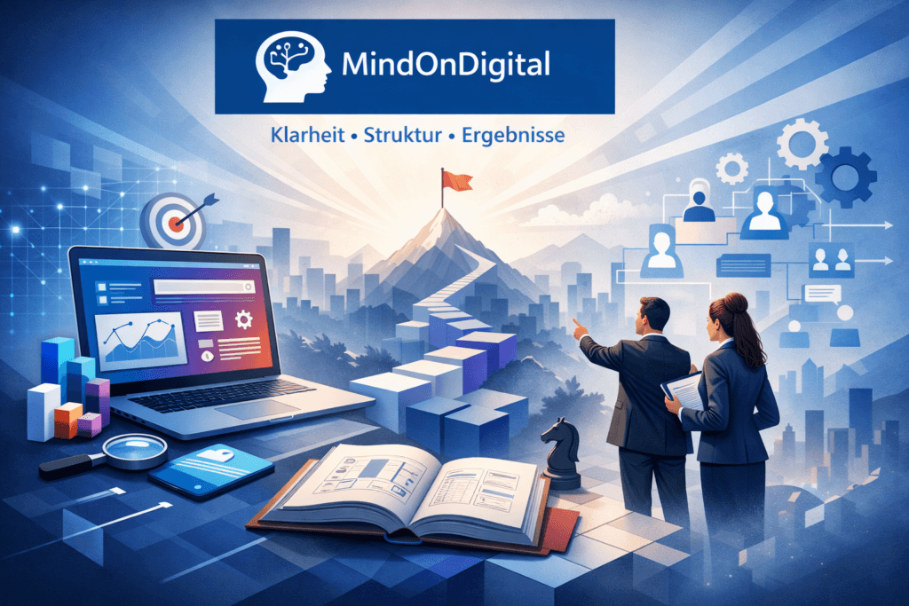 Symbolbild für MindOnDigital: Klarheit, Struktur, Webdesign und moderne Führung. Darstellung von Laptop, Teamführung, Zielorientierung und digitaler Präzision.