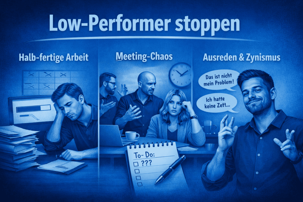 Titelbild in MindOnDigital‑Blau zum Artikel ‚Low‑Performer stoppen‘ – zeigt typische Muster wie halb‑fertige Arbeit, Meeting‑Chaos und Ausreden im Team.