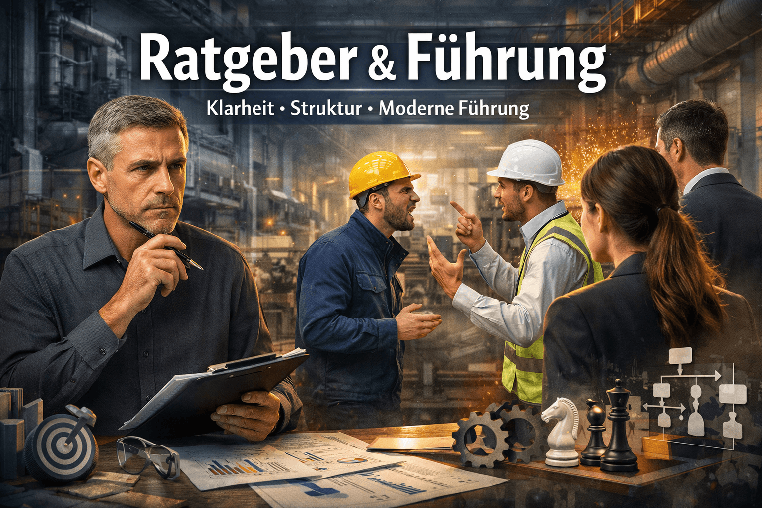 Titelbild für MindOnDigital: Ratgeber & Führung – Klarheit, Struktur, moderne Führung und Konfliktlösung im industriellen Umfeld.
