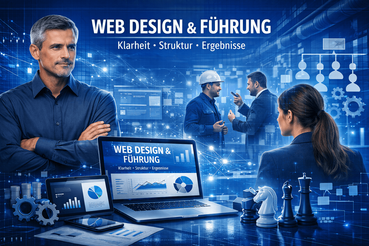 Startseiten‑Hero für MindOnDigital in blauer Farbwelt: Webdesign, digitale Struktur, moderne Führung und Klarheit vereint in einem professionellen Motiv.