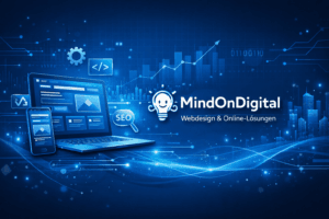 Beitragsbild MindOnDigital – Laptop und Smartphone mit Website‑Layout, blaue technische Grafik, Webdesign‑Pakete für Selbstständige und kleine Unternehmen.