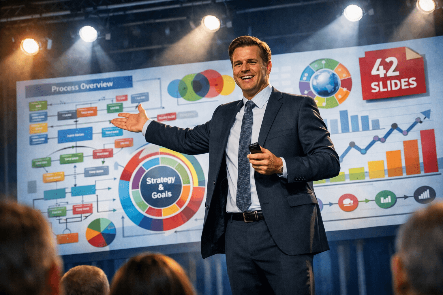 PowerPoint‑Ranger präsentiert überladene Folien mit 42 Slides – Symbol für Showkultur in Unternehmen