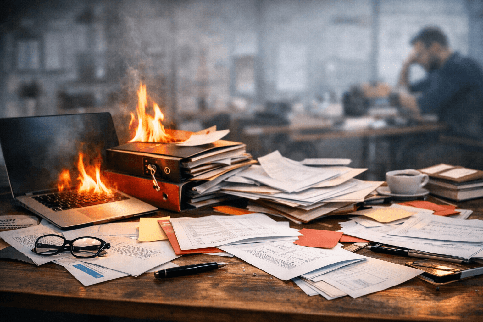 Überlastung und Chaos im Team – Symbolbild mit chaotischem Schreibtisch, brennenden Akten und verstreuten Unterlagen als Sinnbild für fehlende Struktur und Überforderung