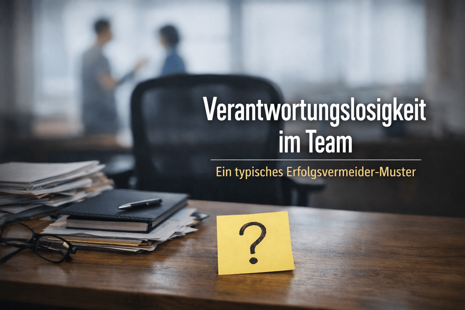 Verantwortungslosigkeit im Team – typisches Erfolgsvermeider-Muster in der Führung, Symbolbild mit leerem Schreibtisch und Fragezeichen