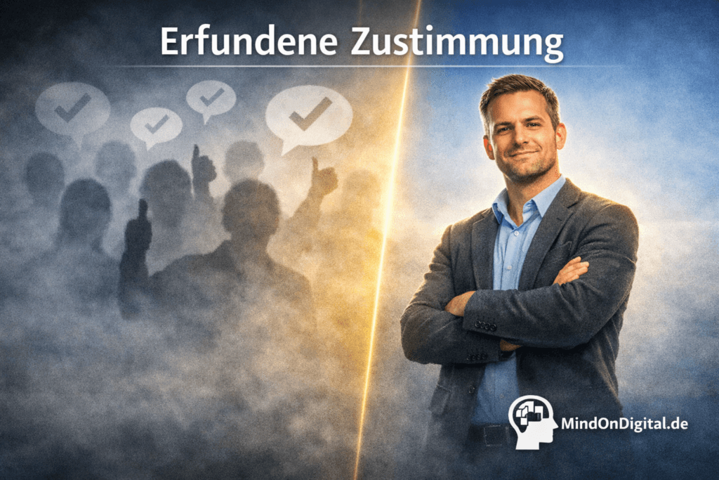 Erfundene Zustimmung – unscharfe jubelnde Gruppe links, klare Führungsperson rechts, getrennt durch helle Lichtlinie, MindOnDigital.de Branding.
