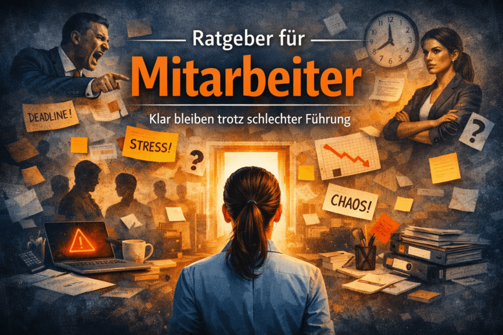 Ratgeber für Mitarbeiter – Klar bleiben trotz schlechter Führung. Titelbild des MindOnDigital‑Ratgebers über Selbstschutz, Klarheit und Orientierung für Mitarbeiter in chaotischen Arbeitsumgebungen.