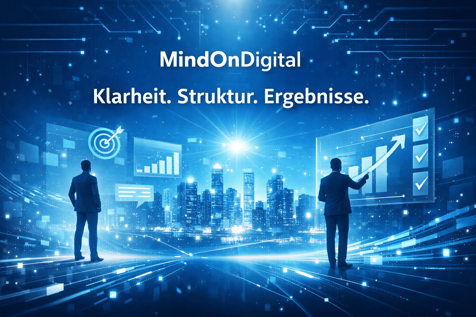 Digitales blaues Hero‑Bild mit Linien, Datenpfaden und dem Claim Klarheit Struktur Ergebnisse von MindOnDigital