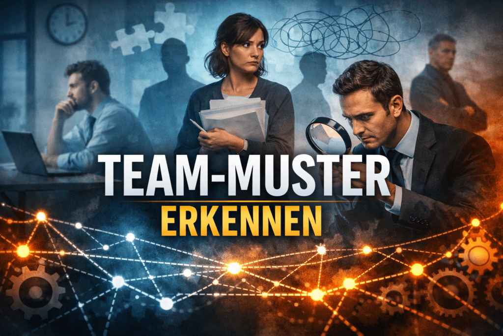 Team‑Muster erkennen: Illustration zu unsichtbaren Verhaltensmustern, die Teams ausbremsen – Führungskraft analysiert Teamdynamik