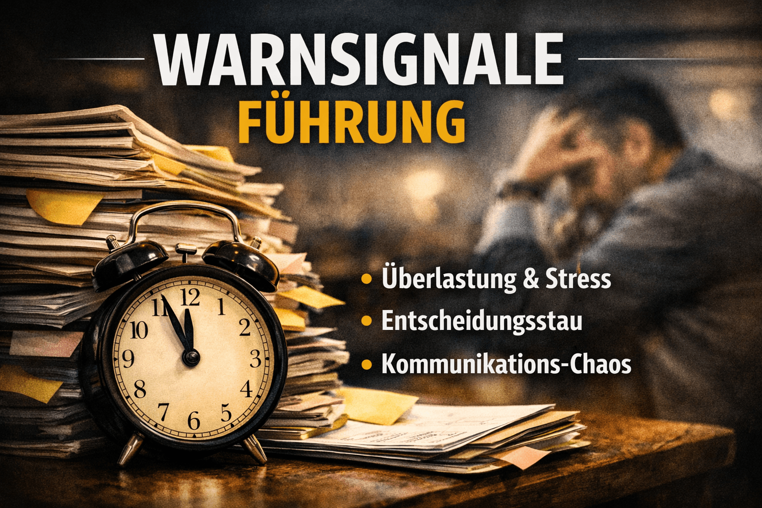 Warnsignale in der Führung: Zeitdruck, Überlastung und Entscheidungsstau – Symbolbild mit Uhr und Papierstapel.