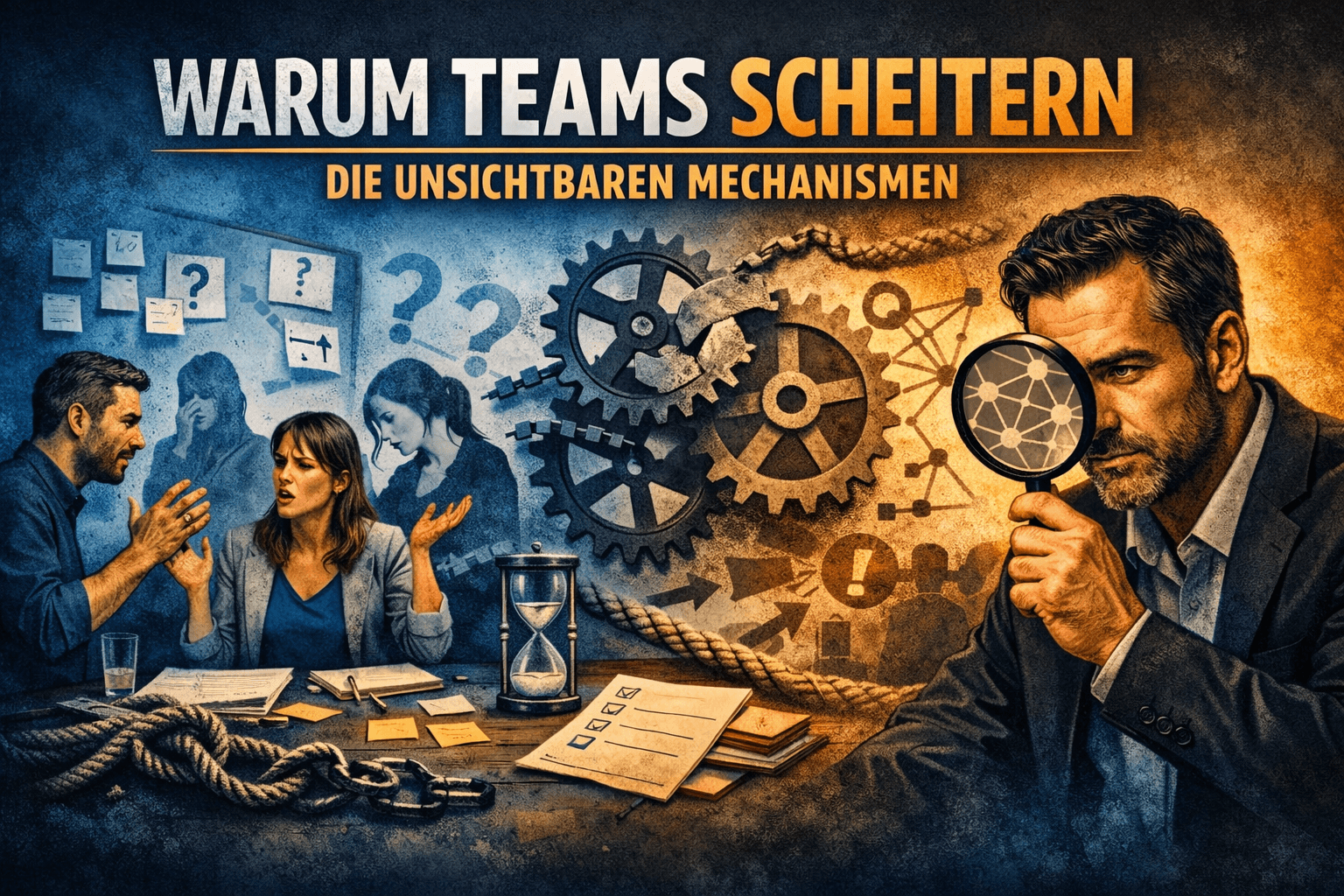 Warum Teams scheitern – Illustration unsichtbarer Teammechanismen und blockierter Zusammenarbeit