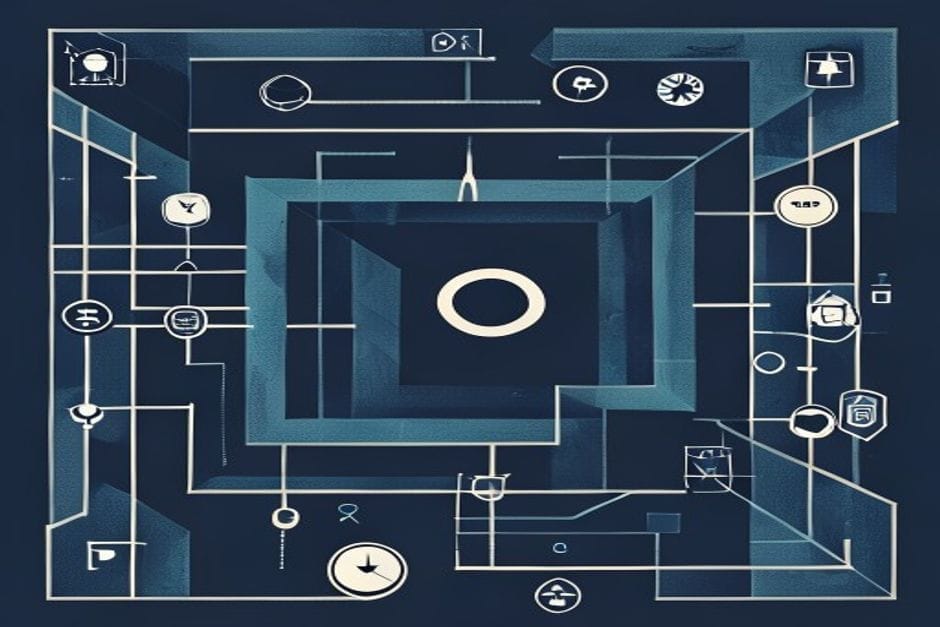 Geometrisches Labyrinth mit zentraler Figur, symbolisiert Krisen im Unternehmen und Entscheidungsfindung.