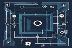 Geometrisches Labyrinth mit zentraler Figur, symbolisiert Krisen im Unternehmen und Entscheidungsfindung.