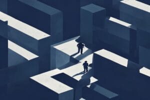 Geometrisches Labyrinth mit einer Figur, die an einer Kreuzung zögert: Ungeschriebene Unternehmensregeln.