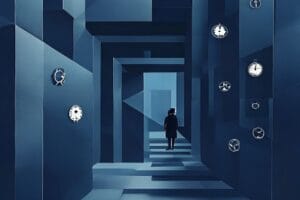 Ein Labyrinth aus geometrischen Wänden mit einer Figur, die zögert, symbolisiert Erfolgsvermeidung in Unternehmen.
