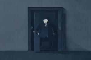 Eine stilisierte Figur steht vor einer verschlossenen Tür, symbolisiert Erfolgsvermeidung in Unternehmen.