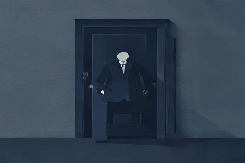 Eine stilisierte Figur steht vor einer verschlossenen Tür, symbolisiert Erfolgsvermeidung in Unternehmen.