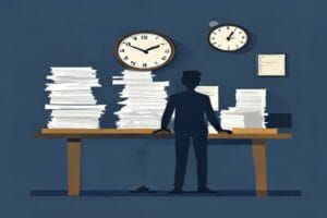 Ein stilisiertes Bild einer Figur am Schreibtisch mit Papierstapel und Uhr. Mit Druck umgehen lernen.