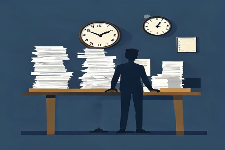 Ein stilisiertes Bild einer Figur am Schreibtisch mit Papierstapel und Uhr. Mit Druck umgehen lernen.