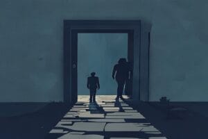 Ein einzelnes Silhouettenfigur steht vor einer verschlossenen Tür, symbolisiert 'schlechter Jobwechsel'.