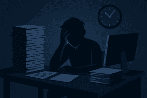 Silhouette einer Person am überladenen Schreibtisch, symbolisiert Anzeichen für Konflikte und Stress.