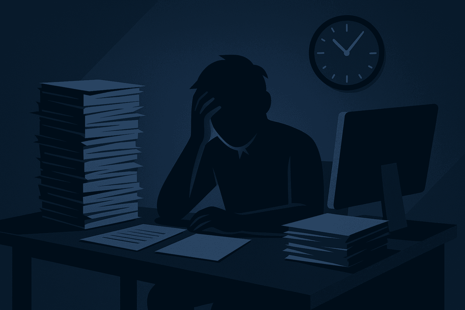 Silhouette einer Person am überladenen Schreibtisch, symbolisiert Anzeichen für Konflikte und Stress.