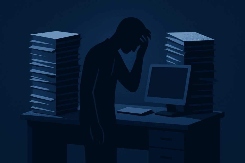 Silhouette einer gestressten Figur an einem überladenen Schreibtisch, symbolisiert 'Ausstieg aus dem Job'.