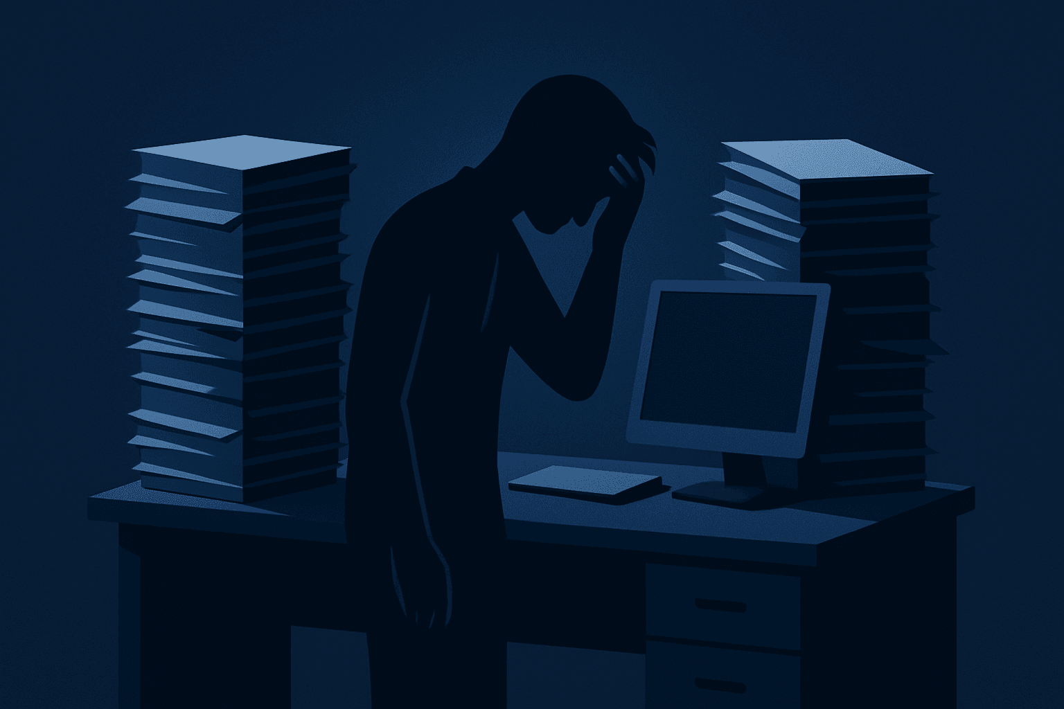 Silhouette einer gestressten Figur an einem überladenen Schreibtisch, symbolisiert 'Ausstieg aus dem Job'.