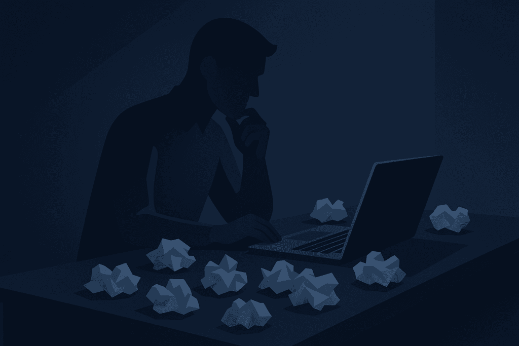 Silhouette einer Person am Schreibtisch mit Laptop und zerknüllten Papieren, 'Ausstiegsplan für Jobwechsel'.