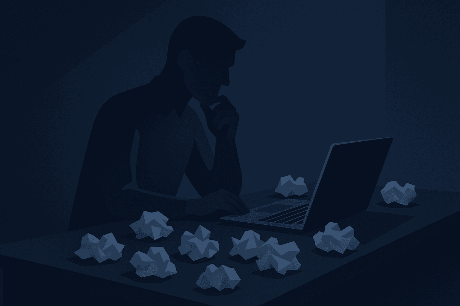 Silhouette einer Person am Schreibtisch mit Laptop und zerknüllten Papieren, 'Ausstiegsplan für Jobwechsel'.