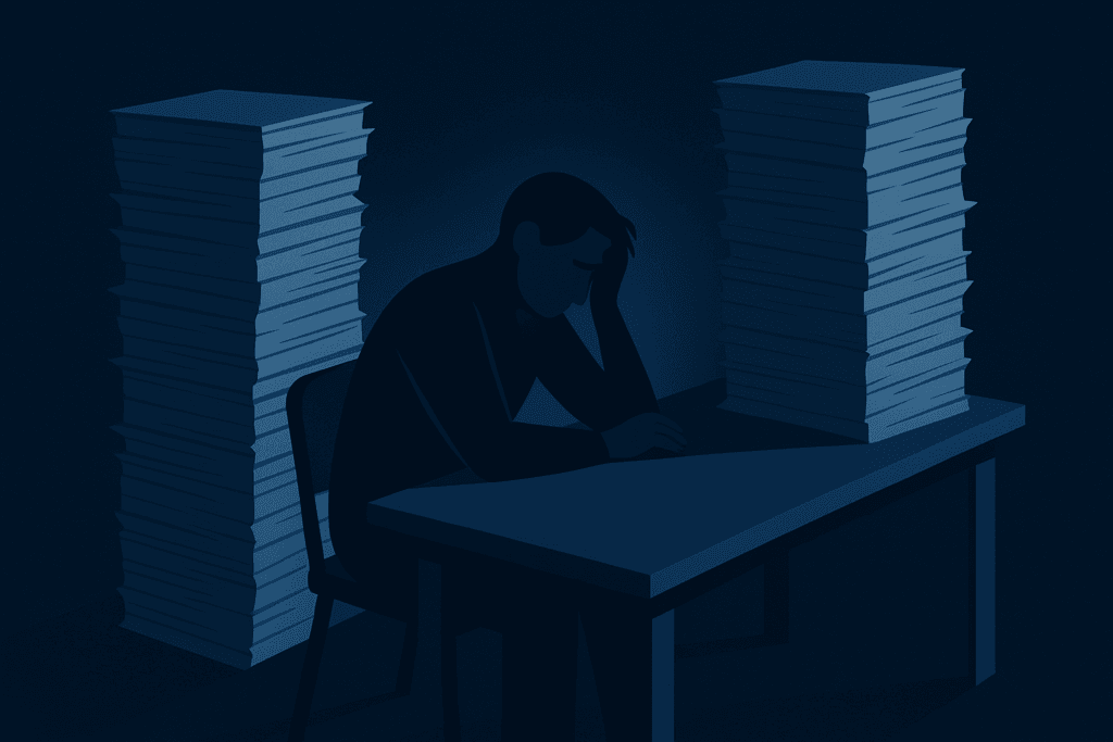 Silhouette einer erschöpften Person am Schreibtisch, umgeben von Papierstapeln, symbolisiert emotionale Erschöpfung Arbeit.