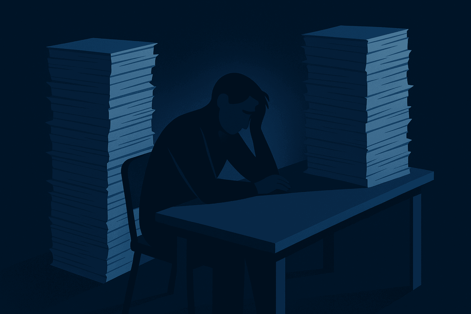Silhouette einer erschöpften Person am Schreibtisch, umgeben von Papierstapeln, symbolisiert emotionale Erschöpfung Arbeit.