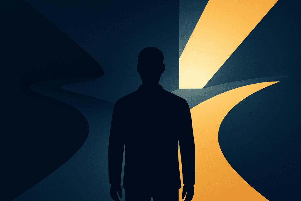 Silhouette an einer Weggabelung: ein Pfad ins Licht, der andere in die Dunkelheit. Entscheidungshilfe im Job.