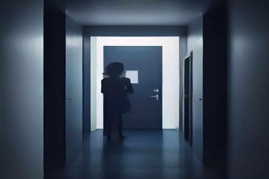Silhouette einer Person vor geschlossener Tür mit