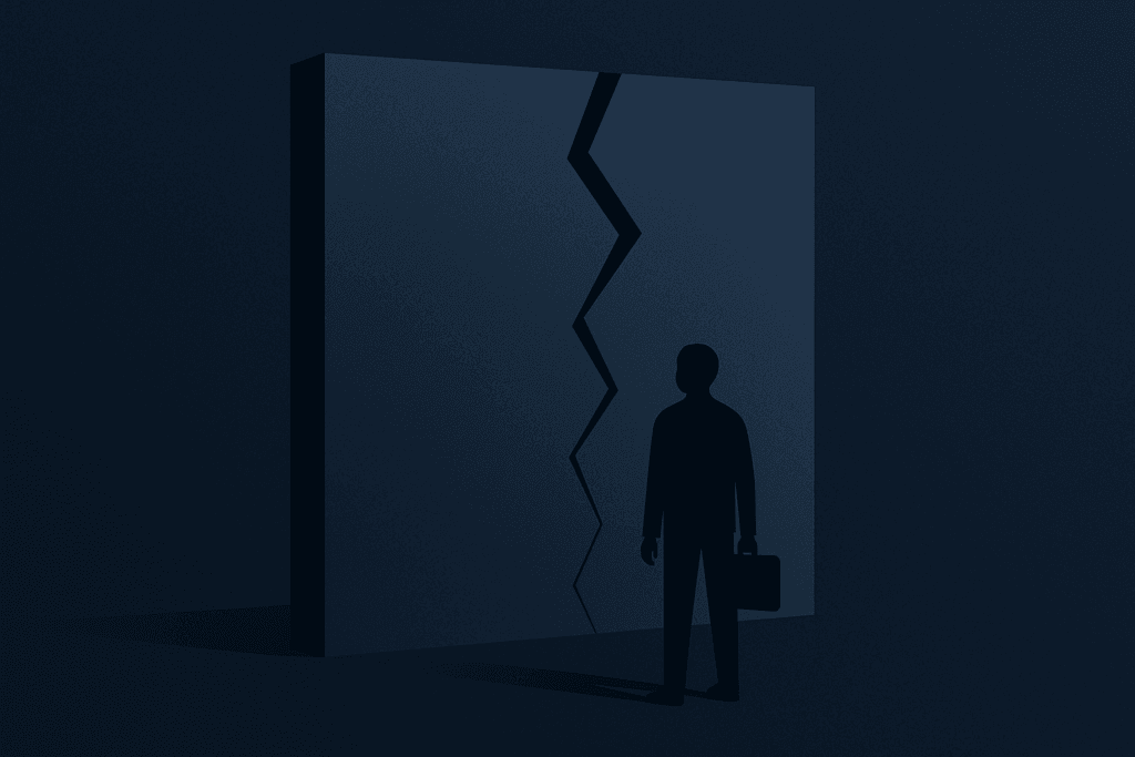Flache Silhouette vor einer großen Wand mit gebrochener Linie, symbolisiert: „Warum schaffe ich nichts?“.