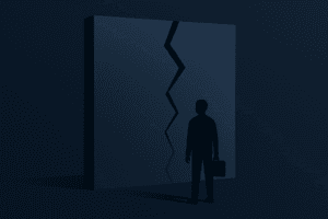 Flache Silhouette vor einer großen Wand mit gebrochener Linie, symbolisiert: „Warum schaffe ich nichts?“.